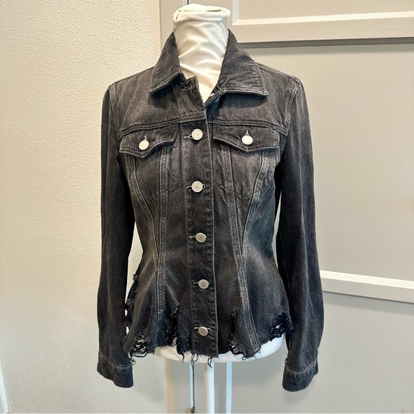 Blank NYC Thrill Seeker Peplum Distressed Black Charcoal Denim Jacket Sz S - Picture 2 of 13